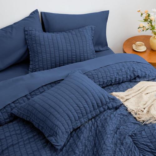 Love's cabin Seersucker Dark Blue Twin Comforter Set 5 Pieces, All Season Bedding Set, Twin Bed in a Bag Comforter Set with Comforter, Flat Sheet, Fitted Sheet, Pillowcase and Pillow Sham