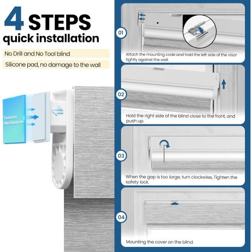 No Drill Motorized Blinds with Remote, Blackout Automatic Blinds with Solar Panel, Cordless Smart Electric Roller Shades for Windows, Grey, 34½ x 72