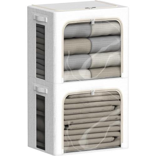 2 Pack Clear Window Storage Bins Large Stackable Linen Fabric Storage for Clothes Foldable Container Organizer Set with Carrying Handles (Lvory White, 23.6x 16.5x 15.7 Inch)