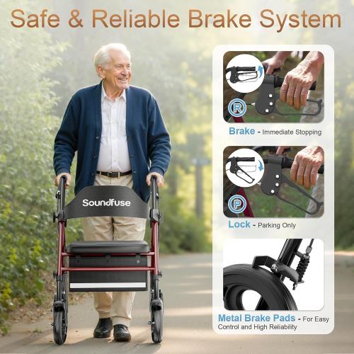 Black Rollator Walkers with Seat for Seniors, Foldable 8 Big Wheels All Terrain Rolling Walker, Handles and Ergonomic Seat Height Adjustable, 350lb Weight Capacity
