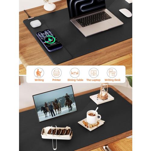 TopMade Mouse Pad with 15W Wireless Charging, XXL Large Leather Desk Mat, Waterproof Gaming Mousepad Home Office Desk Pad Protector, Computer Keyboard Pad, Mouse Mat for MacBook, PC, Laptop, Black