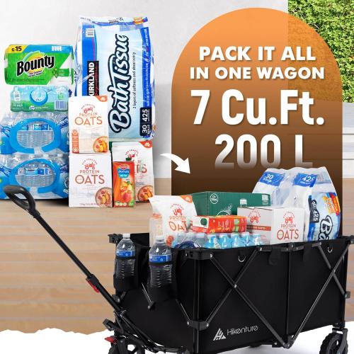 Hikenture Wagons Carts Foldable 330LBS, Heavy Duty Collapsible Wagon | Utility Wagon for Grocery, Garden, Camping & Sports Gear; One-Hand Fold; 360-Degree Wheels; Built-In Wheel Brake