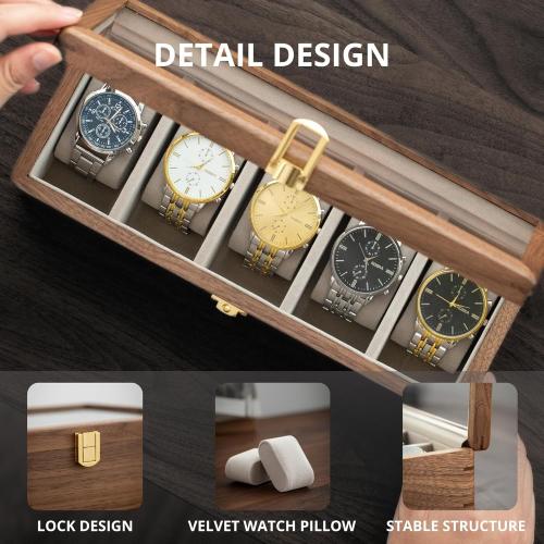 muso wood Watch Display Box, 5 Slot Watch Case for Men, Watch Organizer Box with Glass Lid, Watch Case with Removable Velvet Pillow, Father's Day Gift - 5 Slot, Walnut