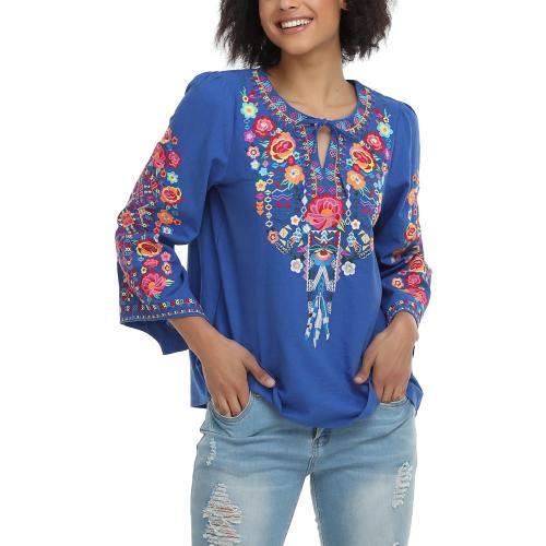 YZXDORWJ Women's Mexican Long Sleeve Blouse Embroidered Traditional V Neck Top Boho Tunic