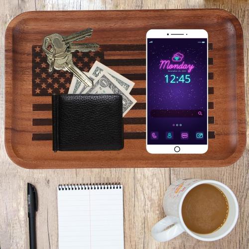 American Flag Valet Tray for Men - Acacia Wood Catch All, Key, Nightstand, Decorative, Dump, EDC Tray