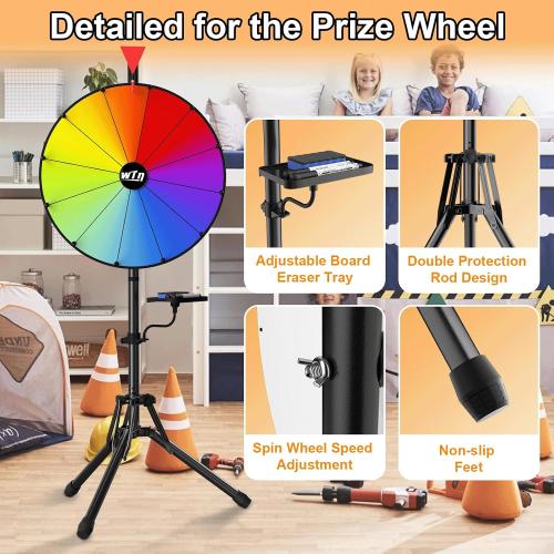 16 Spin the Wheel Game with Stand, Prize Wheel Spinner | Adjustable 36-64 Height, 12 Dry Erase Slots, Foldable Tripod Stand for Carnivals, Trade Shows, Parties and Events
