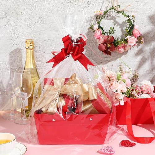 PerKoop 24 Pack Baskets for Gifts Empty Bulk 6.5 x 9.8'' Thick Kraft Gift Basket with Pull Bows Bags Empty Gift Basket for Easter Birthday Wedding Mother's Day Graduation Snack Farmers Market(Red)