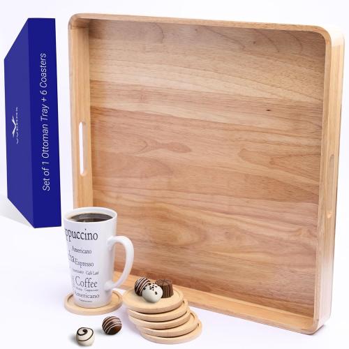 19 Wooden Ottoman Tray for Living Room – Large 19 Square Serving Tray with Handles & 6 Coasters Set, Ideal for Coffee Table, Couch, Kitchen, Breakfast, Food, Drinks & Home Decor