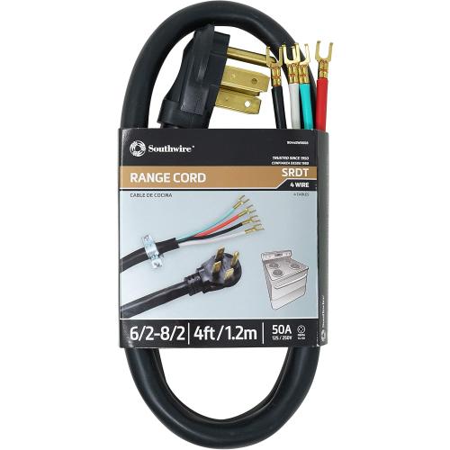 Southwire 9044SW8808 Range Power Cord; 4-Foot; 1/4-Inch Flanged Terminals; Flat Plug; Compatible With Most Standard Free Standing Electrical Ranges With A 4 Conductor Wall Outlet; 125/250-Volt; 50-Amp