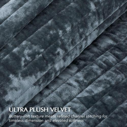 EVERGRACE Velvet Quilt Set King Size, Luxurious Soft Striped Channel Bedding Set, Lightweight Velvet Comforter for All Season, Oversized Bedspread Coverlet with 2 Matching Shams, Stormy Blue