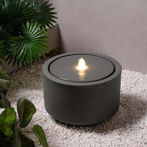 GREY 10.23” H Outdoor Water Fountain Made with Eco-Friendly Recyclable Materials, Polyethylene Round Bubbler Outdoor Fountain, Garden Decor with LED Light for Patio, Porch, Backyard