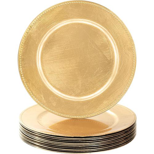 MAONAME Gold Charger Plates Set of 12, Foil 13 Plate Chargers with Beaded, Plastic Round Chargers for Dinner Plates, Table Setting