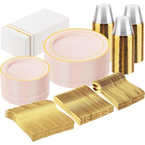 GATHER 350pcs Pink Plastic Plates - Disposable Plastic Dinnerware Set Include 100 Pink Plates, 150 Silverware, 50 Napkins, 50 Cups for Party & Wedding