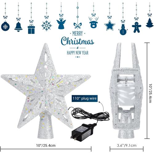 Christmas Tree Topper Lighted with 6 Patterns Projector, Christmas Tree Star Topper Built-in 3D Glitter LED Rotating Lights, Silver Tree Topper Christmas Decoration for Xmas Party Holiday