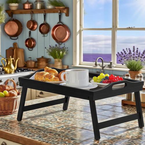 Bamboo Breakfast Tray Table with Folding Legs for Bed Table Sofa - Eating & Laptop Tray Bamboo with Folding Legs (Black)