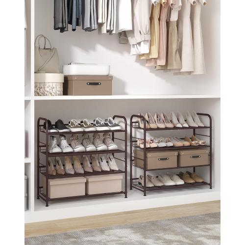 SONGMICS Stackable Shoe Rack, 4 Tier Metal Shoes Rack Storage Shelf, Holds up to 20 Pairs Shoes, Adjustable Slanted Shelves Tower Organizer for Closet Entryway Small Spaces, Bronze
