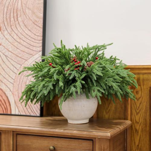 24 Pcs 18 Inch Real Touch Norfolk Pine Branches Christmas Greenery Stems with Pinecones & Red Berries for Christmas Decorations