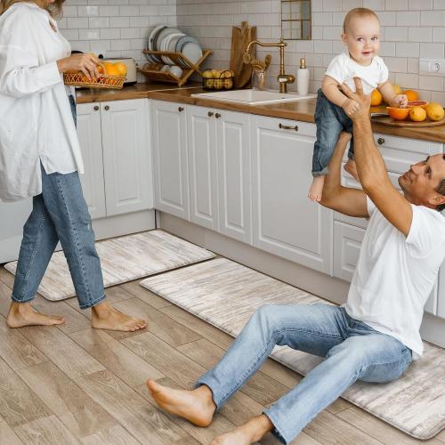Anti Fatigue Kitchen Mats for Floor 2 Piece, Cushioned Abstract Kitchen Rugs,Memory Foam Kitchen Floor Mats, Standing Desk Mats for Laundry, Office, Sink Light Brown Multi