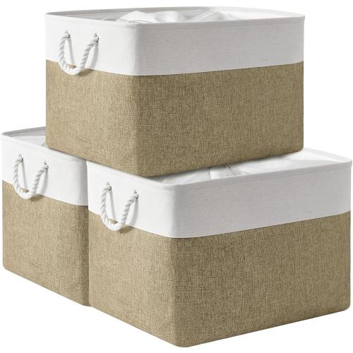 TheWarmHome Organization Basket - 20x16x14 inch Jumbo 3 Pack Collapsible Storage Bins for Shelves, Fabric Storage Cubes for Closet Organizer Gift Toy (White & Khaki)