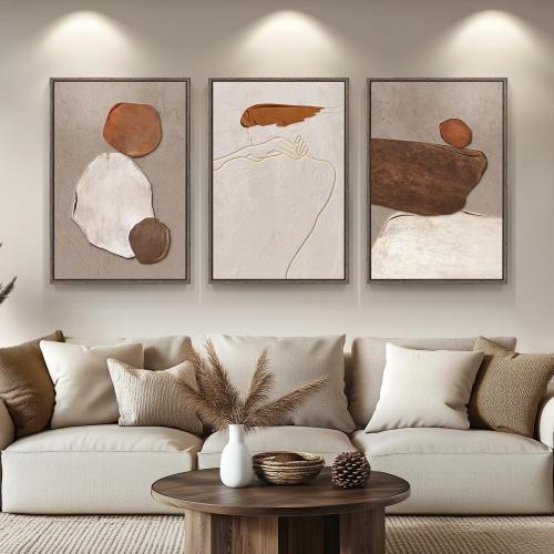 Large Framed Neutral Abstract Wall Art for Living Room, Set of 3 Rustic Beige Brown Canvas Prints Paintings Artwork for Walls, Minimalist Stone Pictures for Hallway Stair Office Wall Decor 24x36 Inch