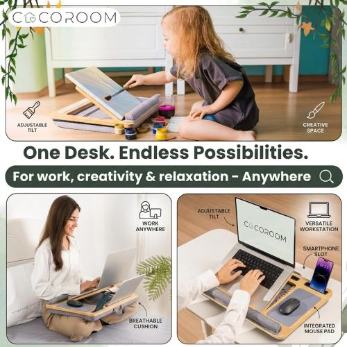 Lap Desk for Laptop – Bed Desk Tray Table with Cushion, 5 Angles, Phone & Tablet Holder, Mouse Pad & Ventilation – Laptop Stand, Lap Table, Couch Desk for 15”-17” Laptops (Gray)
