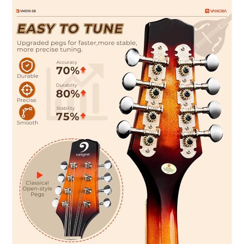 Vangoa Mandolin Musical Instrument A Style, Acoustic Mandolin Instrument Kit Italian 8 String for Professional Beginners Adults Teens Youth Kids, Sunburst, Glossy