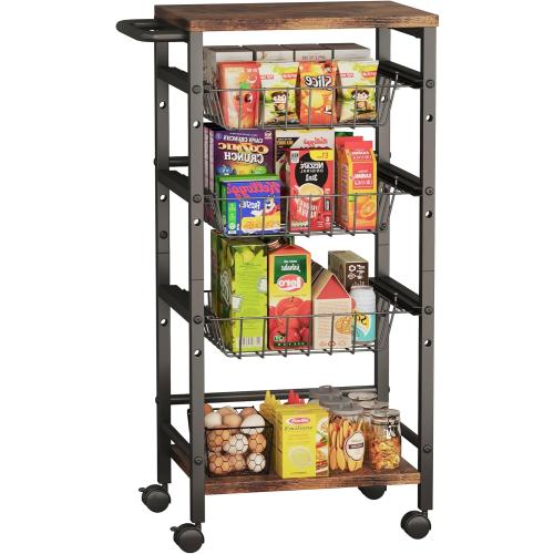 5-Tier Snack Organizer Cart with 3 Height Adjustable Pull-Out Baskets and 2 Storage Shelves, Utility Kitchen Organizer and Storage Cart with Convenient Handle for Fruit Potato Onion Vegetable Snack