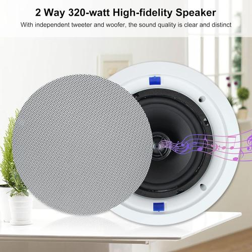 Herdio 6.5 Inch Bluetooth Ceiling Speakers 320W 2-Way Flush Mount in Wall Amplifier Receiver Suitable for Home Theater Bathroom Living Room Kitchen Office (White, Pair)