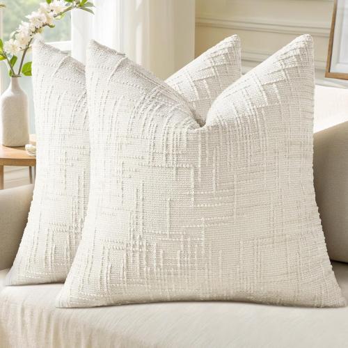 decorUhome Textured Chenille Throw Pillow Covers 22x22 Set of 2 Cream White
