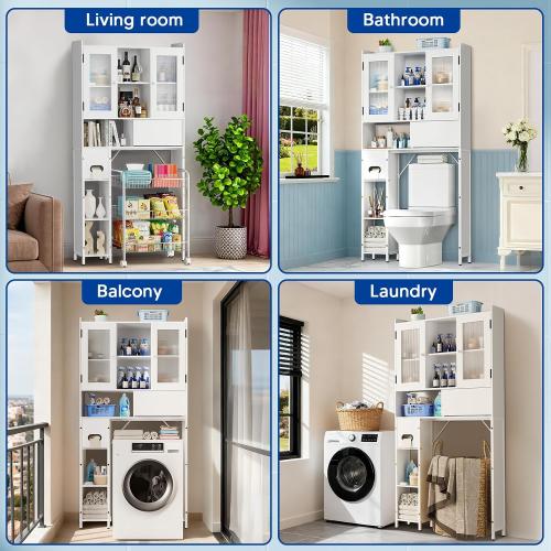 Over The Toilet Storage Cabinet - Over Toilet Bathroom Organizer with Sliding Barn Doors, Adjustable Shelves & Toilet Paper Holder, pace-Saving Over-Toilet Rack for Bathroom, Restroom, Laundry, White