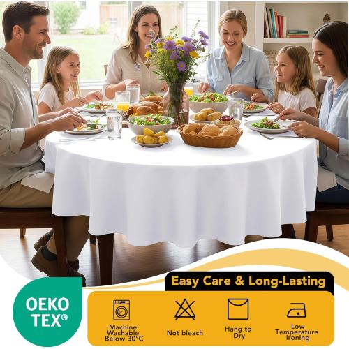 6-Pack White Round Tablecloths, 120 Inches, Stain-Resistant Polyester for 5-6 Ft Round Tables - Washable Table Covers for Weddings, Banquets, Birthday, Parties, Events
