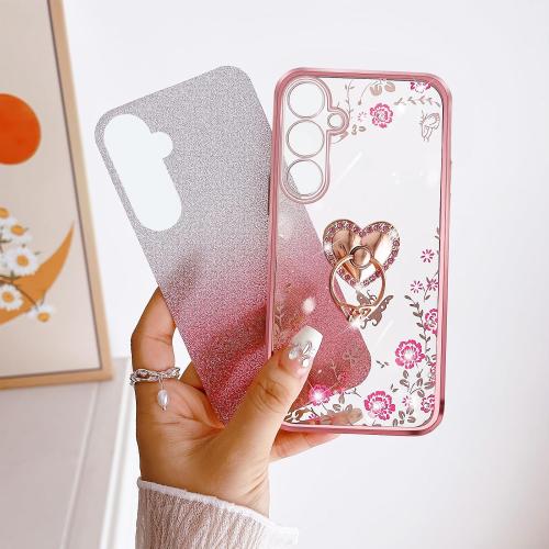 for Galaxy S23-FE Case, Samsung S23 FE Phone Case TPU Crystal Butterfly Heart Floral for Women Magnetic Shockproof with Kickstand [Glitter Card & Strap] Protection Cover for S23 FE 5G (Glitter Rose)