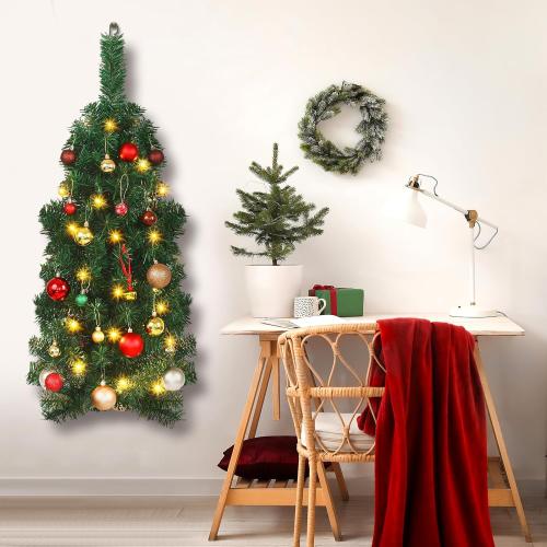 Poen 35 Inches Wall Mounted Christmas Tree - Artificial Xmas Tree with 50 LED Lights and Battery Case - Lighted Wall Decor for Home, Office, Apartment, Party Decorations