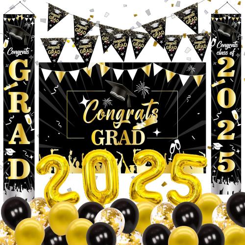 Graduation Decorations 2025, Black and Gold Graduation Decorations Class of 2025 Congrats Grad Backdrop Banner Porch Sign with for Graduation Party Decorations 2025 Graduation Decor