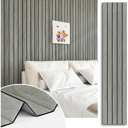 Grey Wood Grain Slat Panels for Interior Wall Decor 197x23.6 Peel and Stick 3D Textured Fluted Wood Panels Self Adhesive Acoustic Wooden Paneling Wallpaper for Bedroom Living Room Studio