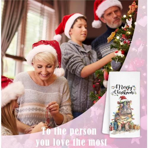 Christmas Hippo Kitchen Hand Towels,Christmas Decorations Tea Towels Dish Rags,Gifts for Women Hippo Lovers,Xmas Kitchen Bathroom Decor,16x24 Inch