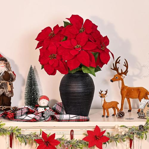 MARTINE MALL 21.3 in Poinsettia Flowers Artificial, 2 Packs Poinsettia Christmas Decoration, Long Stem Velvet Poinsettia Bouquet for Christmas Tree Porch Home Garden Indoor Outdoor Decoration