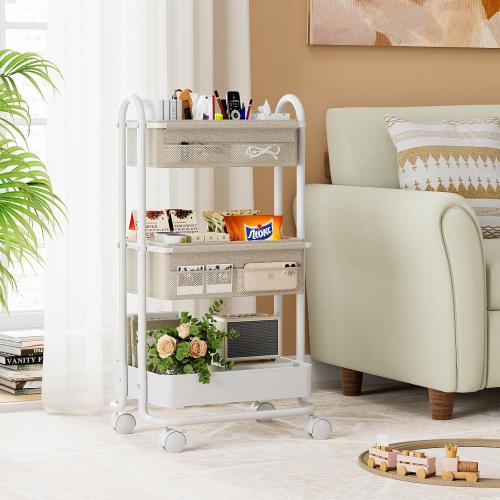 Baby Diaper Caddy Organizer Cart - 3 Tier Rolling Storage Cart with Wheels, Baby Essentials Nursery Storage, Detachable Dividers - for Crib, Bedroom, Art & Craft Organizer (Off White)