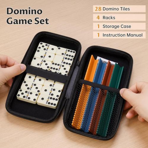 Double 6 Compact Dominos Set for Adults with 28 Tiles 1.6x0.8x0.2 Inches & 4 Silicone Domino Racks 6.3x0.67x0.7 Inches, Classic Board Games with Portable Case for Family Game Nights & Travel