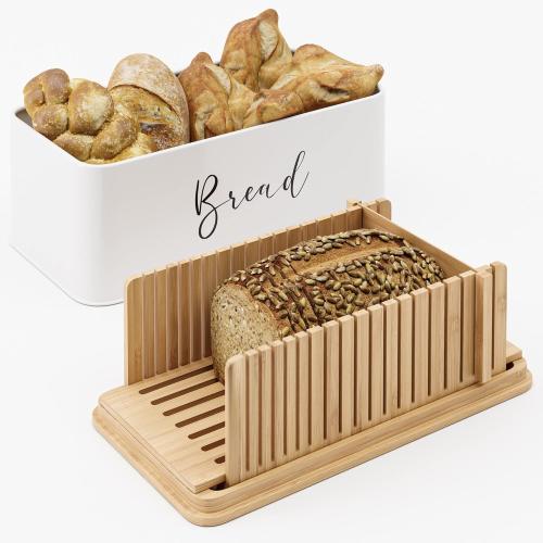 Size  16.5 x 8.5 x 6 inches NATURE SUPPLIES | White Bread Box For Kitchen Countertop With Professional Cutter Guide | Farmhouse Bread Bin & Bamboo Bread Slicer Set | Metal Bread Box With Cutting Board For Bread, Bagel, Loaf
