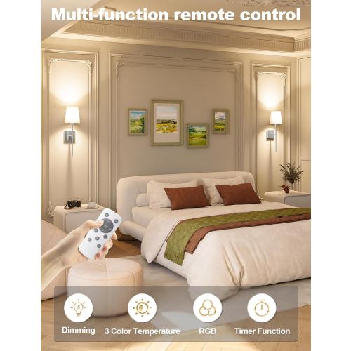 Battery Operated Wall Sconce Set of 2, Rechargeable Wall Lights with 5200 mAh Detachable Bulbs and Fabric Shade, 7 Color Dimmable Sconce Wall Decor for Bedroom, Living Room, Entryway (Silver)