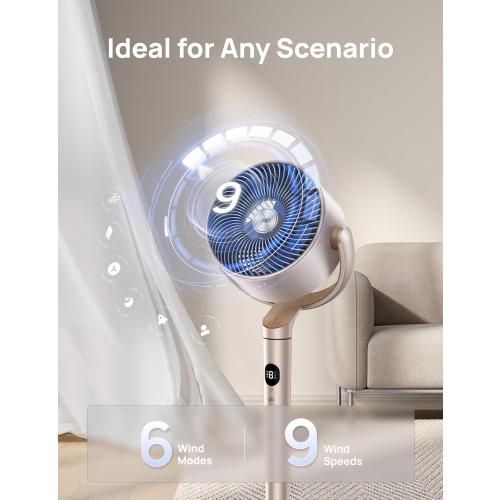DREO Smart Fans for Bedroom, 120°  120° Omni-Directional Oscillating Fan, 100ft Quiet Pedestal Fan with RGB Light, 9 Speeds, 6 Modes, 20dB, 8H Timer, Wi-Fi/Voice, 35-40 Floor Fans, Starlight