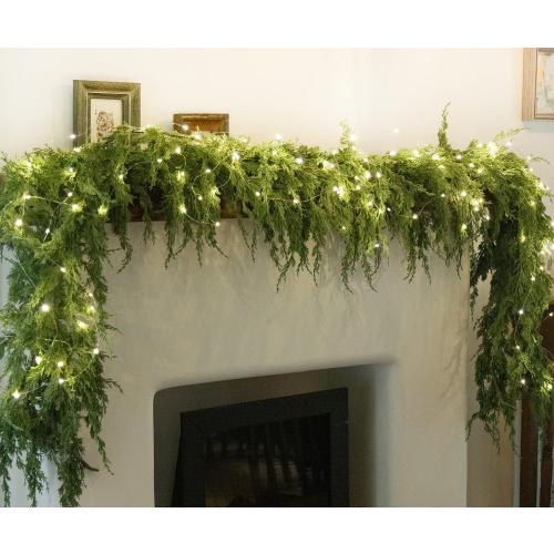 MISSPIN 6ft Christmas Garland with Lights, Real Touch Cedar Pine Garland, Green Artificial Greenery Garland for Table, Mantle, Wall, Indoor, Outdoor Christmas Decorations