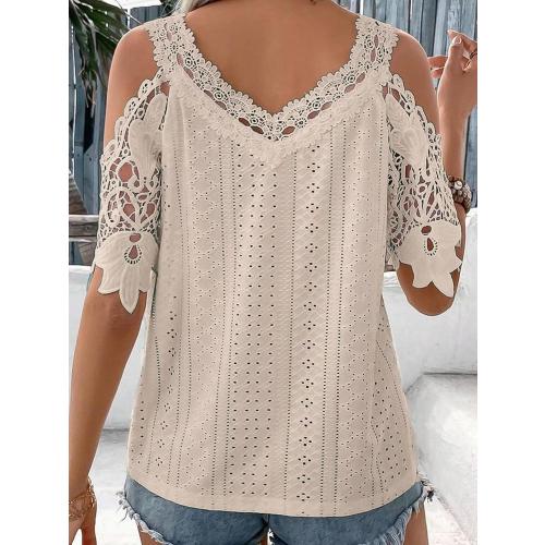 Flamingals Women's Cold Shoulder Eyelet Short Sleeve Hollow Out Lace Floral Sleeveless Blouse Top Large