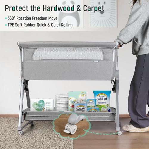 Cowiewie Bassinet Bedside Sleeper, Baby Bassinet with 7 Adjustable Height, Bedside Bassinet for Baby with Storage, Breathable Mesh & Mattress, Portable Bassinet Easy Folding (Pyramid Light Gray)