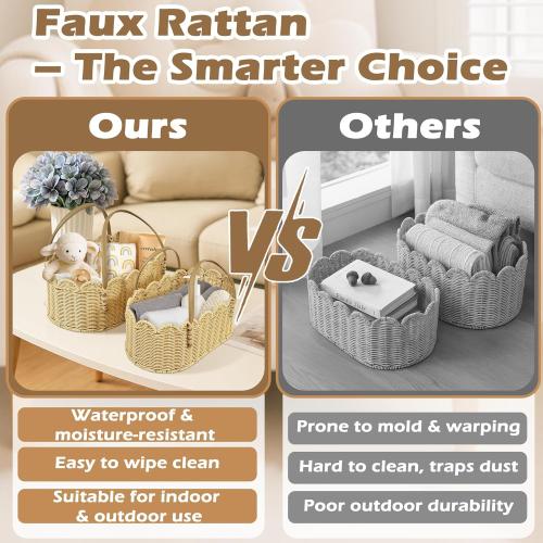 Rattan Picnic Basket with Handle, Wicker Picnic Basket with Scalloped Edge, Garden Harvest Basket, Woven Baskets for Vegetable & Fruit, 2 Pack