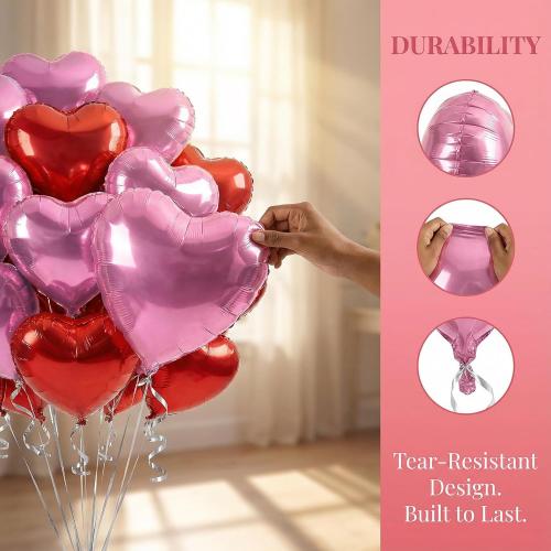 18 Inch Red & Pink Heart Balloons, 30 Pcs Heart Shaped Foil Balloons for Valentine‘s Day, Wedding, Birthday - 15 Red, 15 Pink Balloons set- Support Helium - Party Decorations