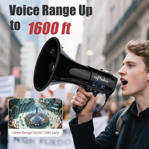 Black MyMealivos 50W Bluetooth Megaphone with Rechargeable Battery-Professional Bullhorn with Siren&240s Recording Supports USB/SD/3.5mm Aux-1600ft Range for Sports Police Emergency Outdoor Activities