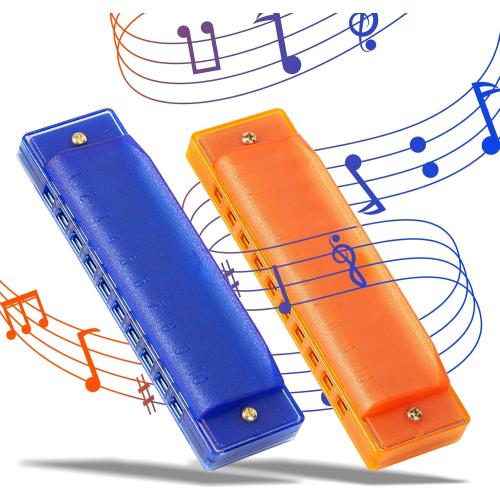 AMOR PRESENT Kids Harmonica, 2PCS for Toddlers 10 Holes Translucent with Case, Party Birthday Gifts (Orange and Blue)