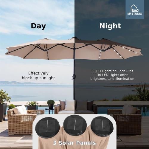 Size 15ft Color  beige Double Sided Patio Umbrella with Solar Lights, Outdoor Large Umbrellas with Crank Handle and 36 LED Lights, Rectangular Market Umbrella with Base Included for Deck Pool Shade, Beige